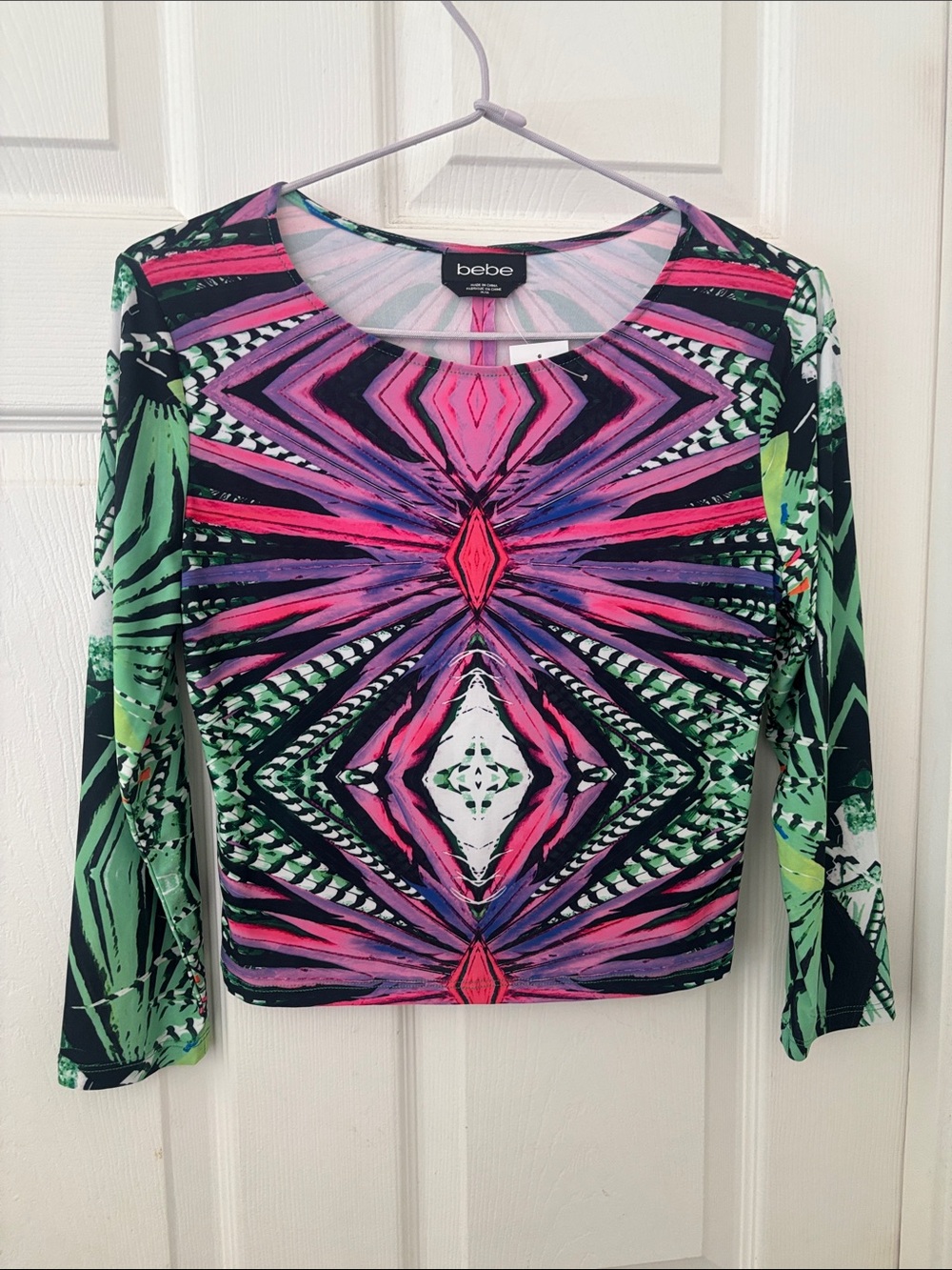 bebe Neon Pink & Green Geometric Crop Top